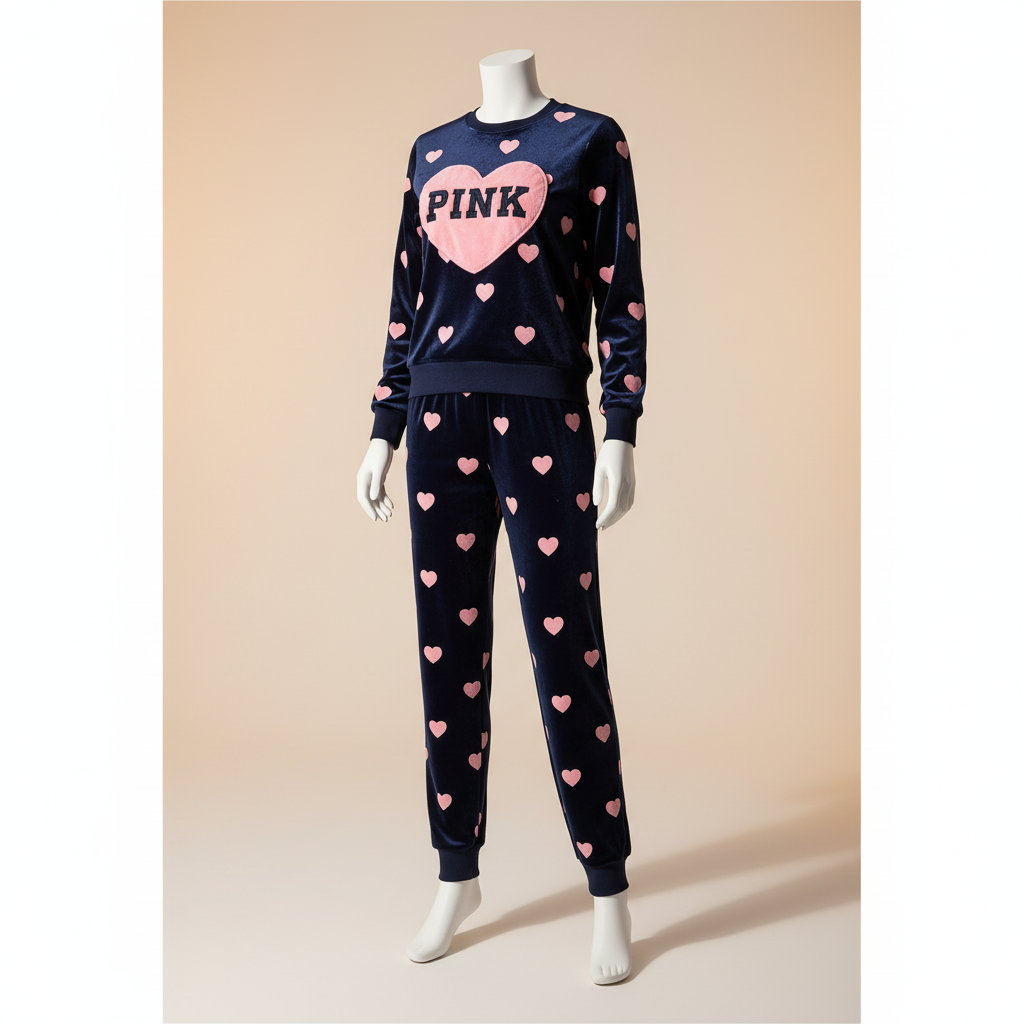 Flourish Velvet Winter Pajama Set – Navy Blue Heart Print “PINK” Edition