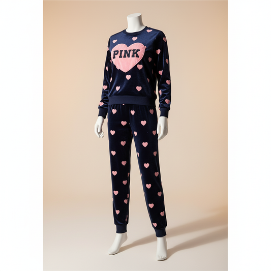 Flourish Velvet Winter Pajama Set – Navy Blue Heart Print “PINK” Edition