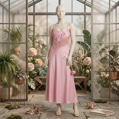 Blush Pink Satin Long Nightdress with Asymmetrical Lace