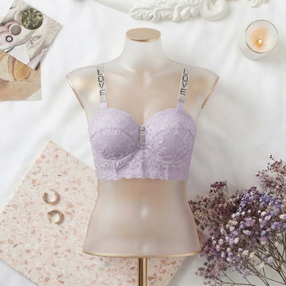 Premium Floral Lace Non-Padded Bralette with Rhinestone LOVE Straps -1014