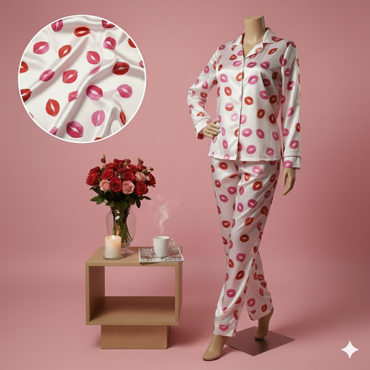 Flourish Women’s Silk Pajama Set – 2-Piece Pink And Red Lip Print Nightwear