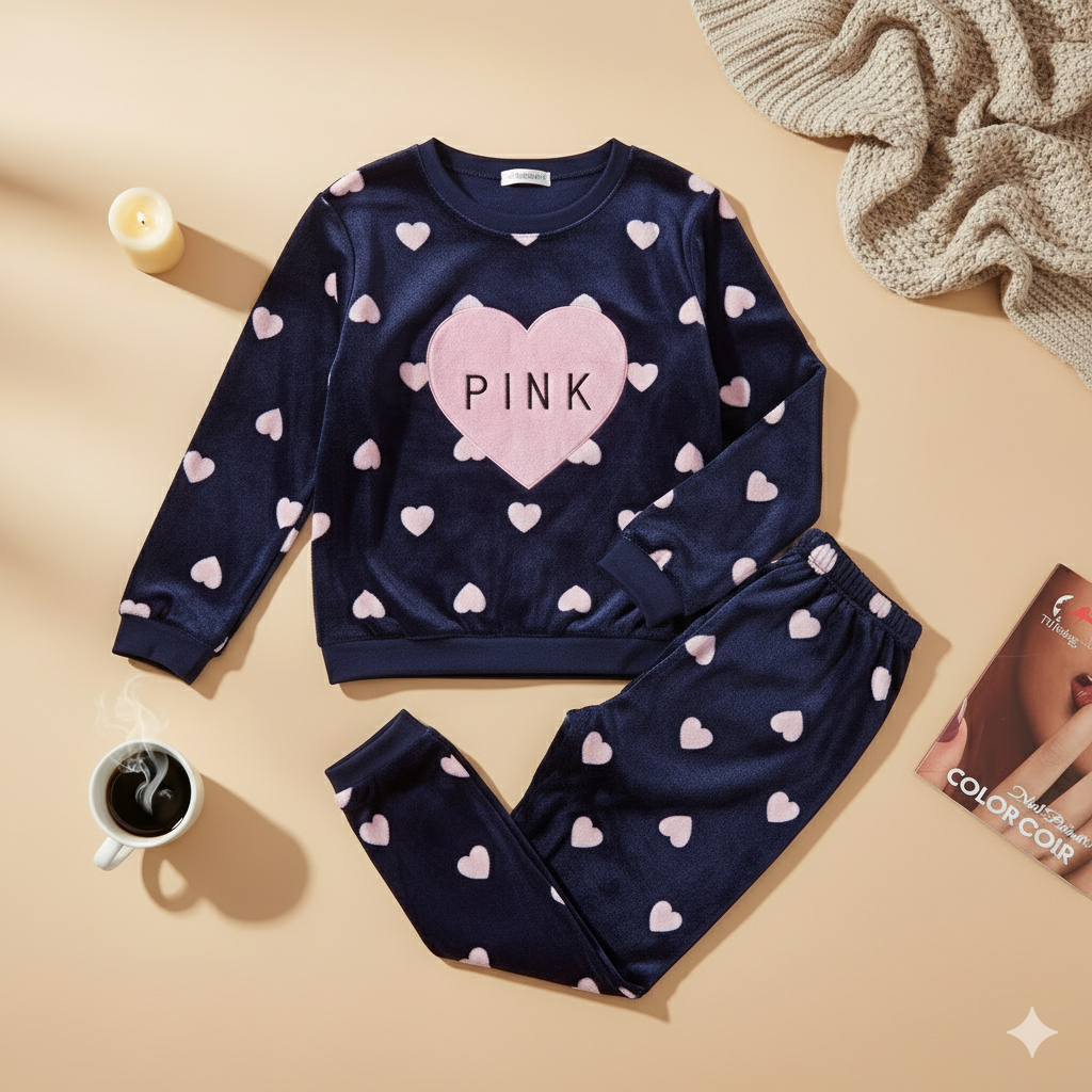 Flourish Velvet Winter Pajama Set – Navy Blue Heart Print “PINK” Edition