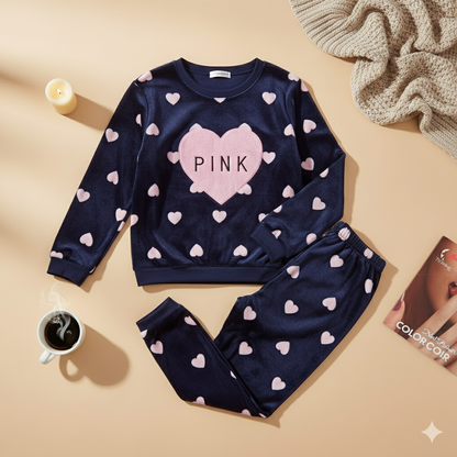 Flourish Velvet Winter Pajama Set – Navy Blue Heart Print “PINK” Edition