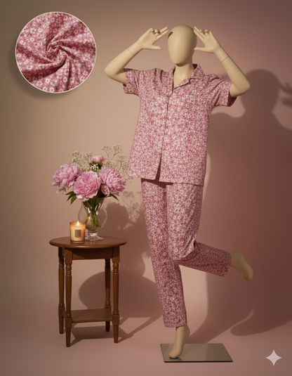 Flourish Women’s Linen Pajama Set – 2-Piece Pink Floral  Print Nightwear