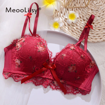 Cute Lace Flower Embroided Adjustable Straps Push Up Bridal Padded Bra 017