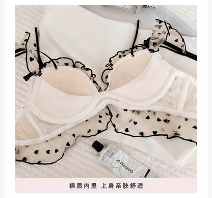 New High-Quality Black Heart Embroidered Push-Up Bra with Cute Lace Panty Set 2007