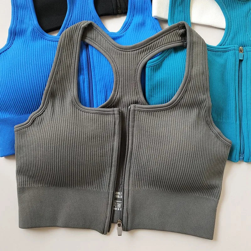 Pack of 3 Ribbed Padded Front Zip Sports Bras – Breathable Activewear    299