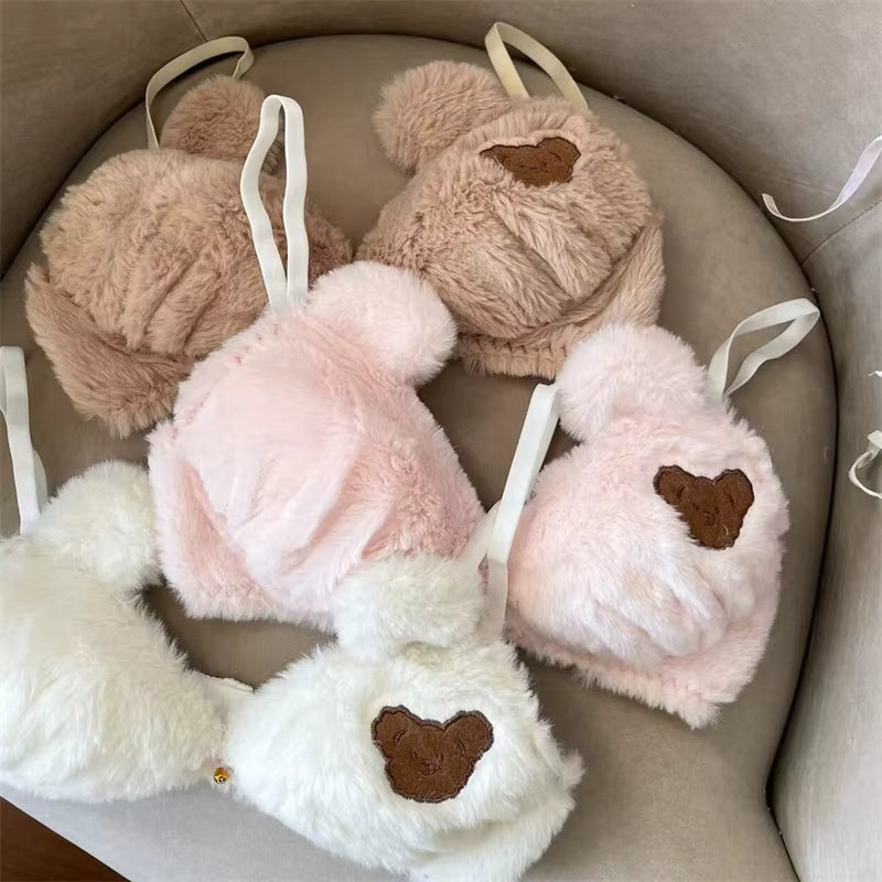Fluffy Faux Fur Padded Bra Panty Set – Cute Bear Embroidery Japanese Style