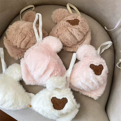 Fluffy Faux Fur Padded Bra Panty Set – Cute Bear Embroidery Japanese Style