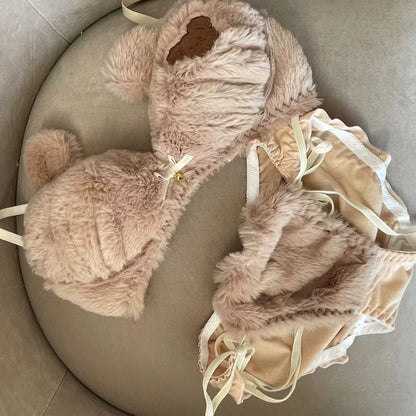Fluffy Faux Fur Padded Bra Panty Set – Cute Bear Embroidery Japanese Style