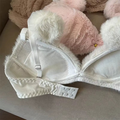 Fluffy Faux Fur Padded Bra Panty Set – Cute Bear Embroidery Japanese Style
