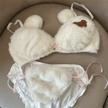 Fluffy Faux Fur Padded Bra Panty Set – Cute Bear Embroidery Japanese Style