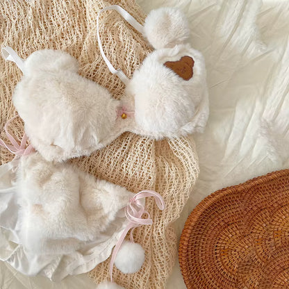 Fluffy Faux Fur Padded Bra Panty Set – Cute Bear Embroidery Japanese Style