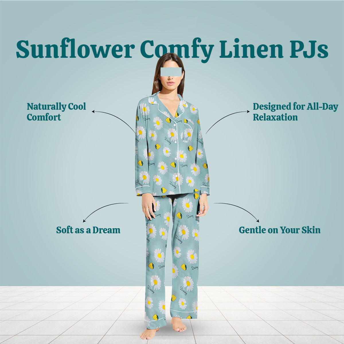 Flourish Floral Sun Flower Linen Pajamas Sets With Free Scrunchie Sleepwear Two Pieces Set