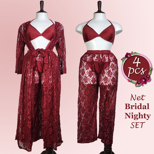 Flourish 4 pcs High Qaulity Lace Net See Through Bridal Nighty Set