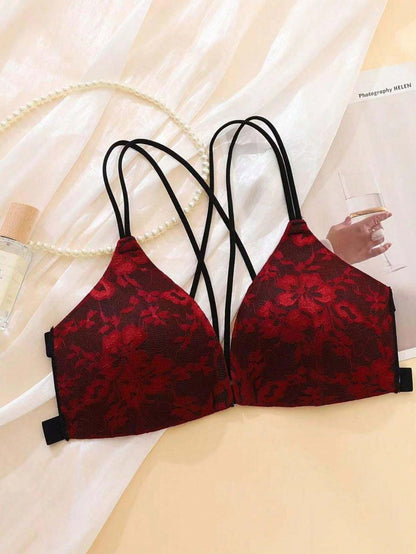 Flourish Sexy Floral Lace Underwear Set Backless Front Closure Bra And Mesh Thong Lingerie Set For Women 3826