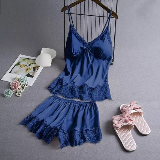 Padded V Neck  With Lace  Baggy Style Top Short Sexy Mix Jersey Satin Silk Fabric Home Suit Short Set 6053