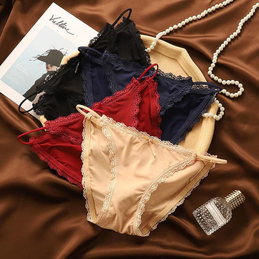 New Pack Of 3 Sexy High Quality G-string Cotton Ice Silk Thin Belt Low-waisted Lace Panties 1884