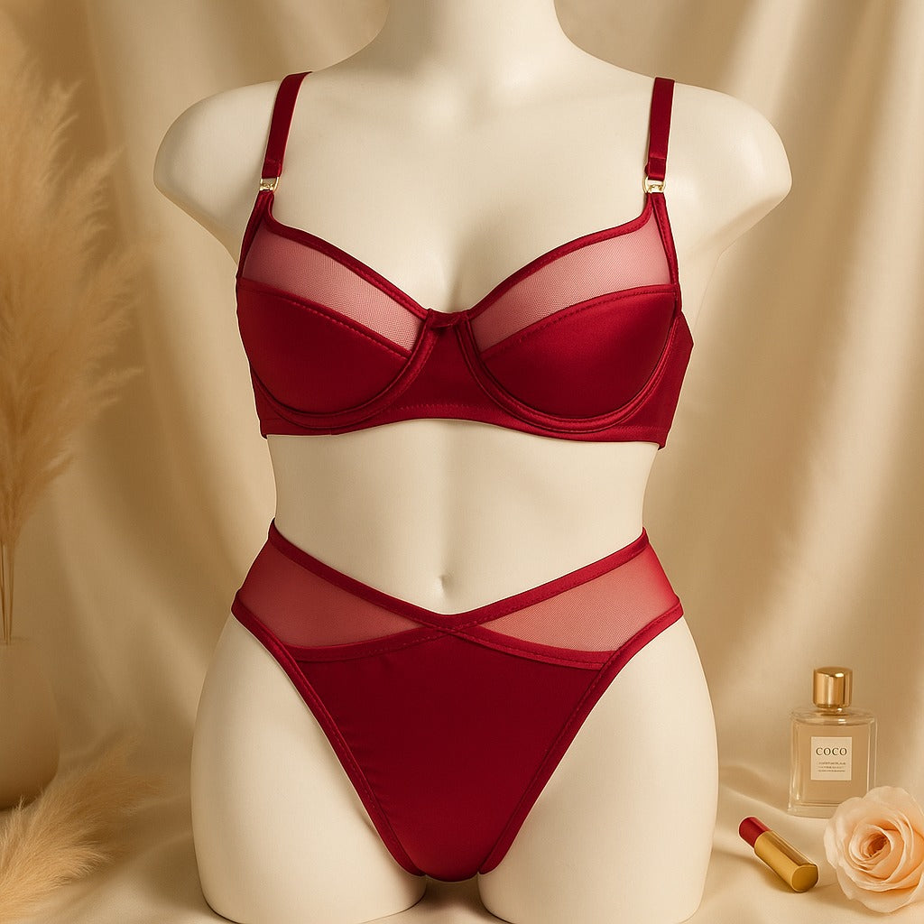Flourish High Quality Thin Cup Soft Underwired Light Padded Metal Ring Straps Bra Panty Set 055