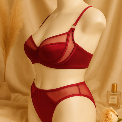 Flourish High Quality Thin Cup Soft Underwired Light Padded Metal Ring Straps Bra Panty Set 055