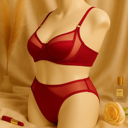 Flourish High Quality Thin Cup Soft Underwired Light Padded Metal Ring Straps Bra Panty Set 055