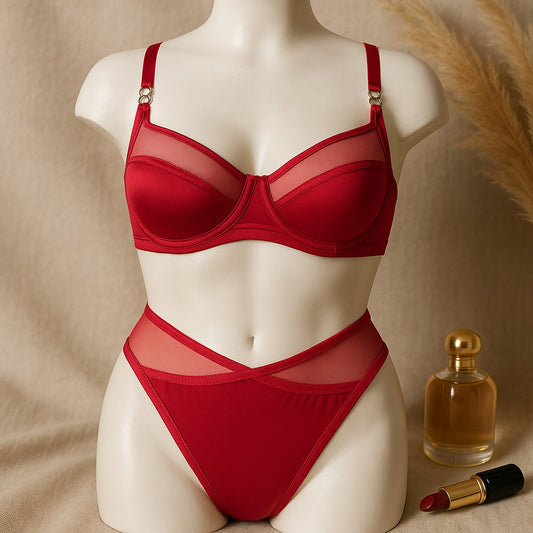 Flourish High Quality Thin Cup Soft Underwired Light Padded Metal Ring Straps Bra Panty Set 055