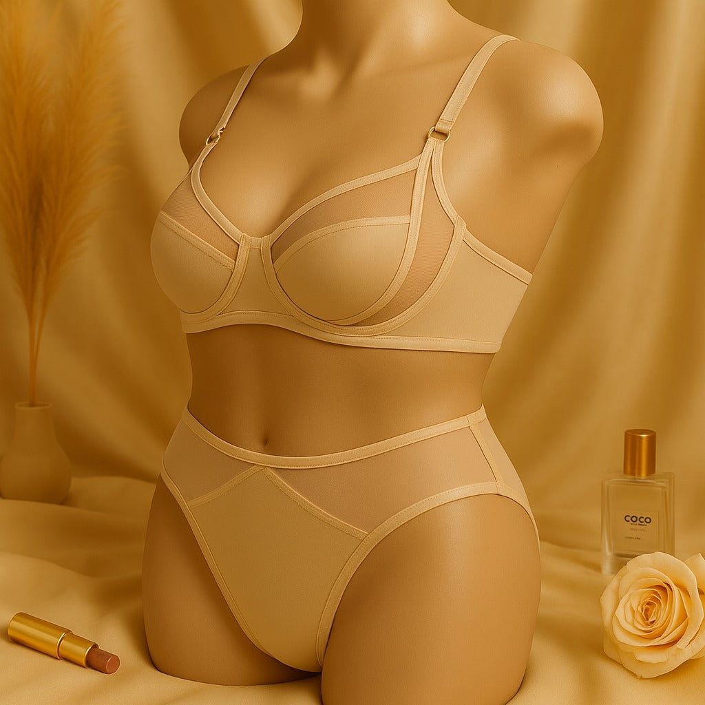 Flourish High Quality Thin Cup Soft Underwired Light Padded Metal Ring Straps Bra Panty Set 055