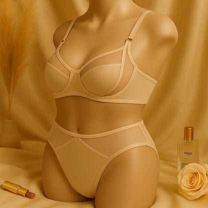 Flourish High Quality Thin Cup Soft Underwired Light Padded Metal Ring Straps Bra Panty Set 055