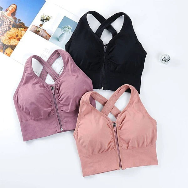 Flourish Front Zipper Sports Bra – Criss-Cross Back Support, Padded Comfort 288