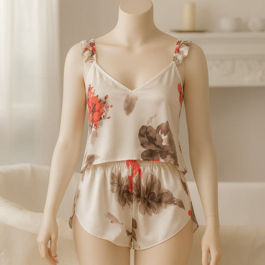 Flourish 2 pcs silk Cami Sets Charming Style Short Non Padded Inner and Short Nighty D215