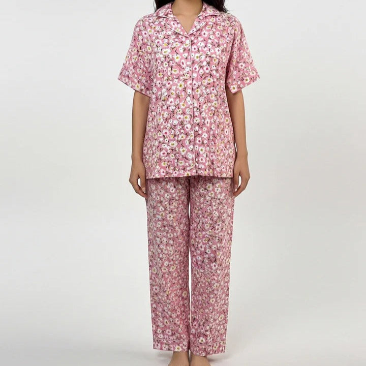 Flourish Women’s Linen Pajama Set – 2-Piece Pink Floral  Print Nightwear
