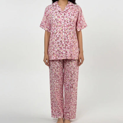 Flourish Women’s Linen Pajama Set – 2-Piece Pink Floral  Print Nightwear