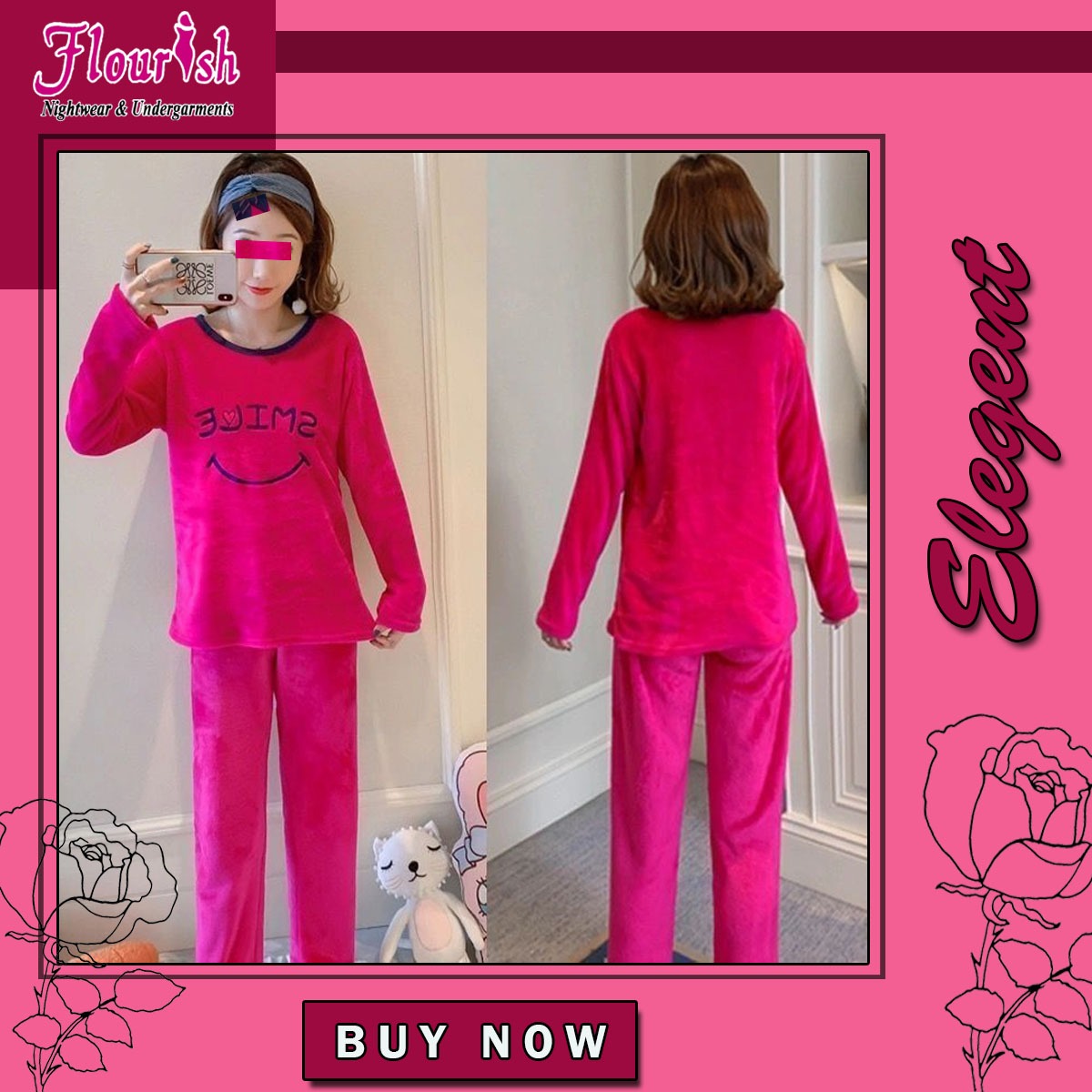 Flourish Fleece Winter Pajama Set – Hot Pink Smile Edition