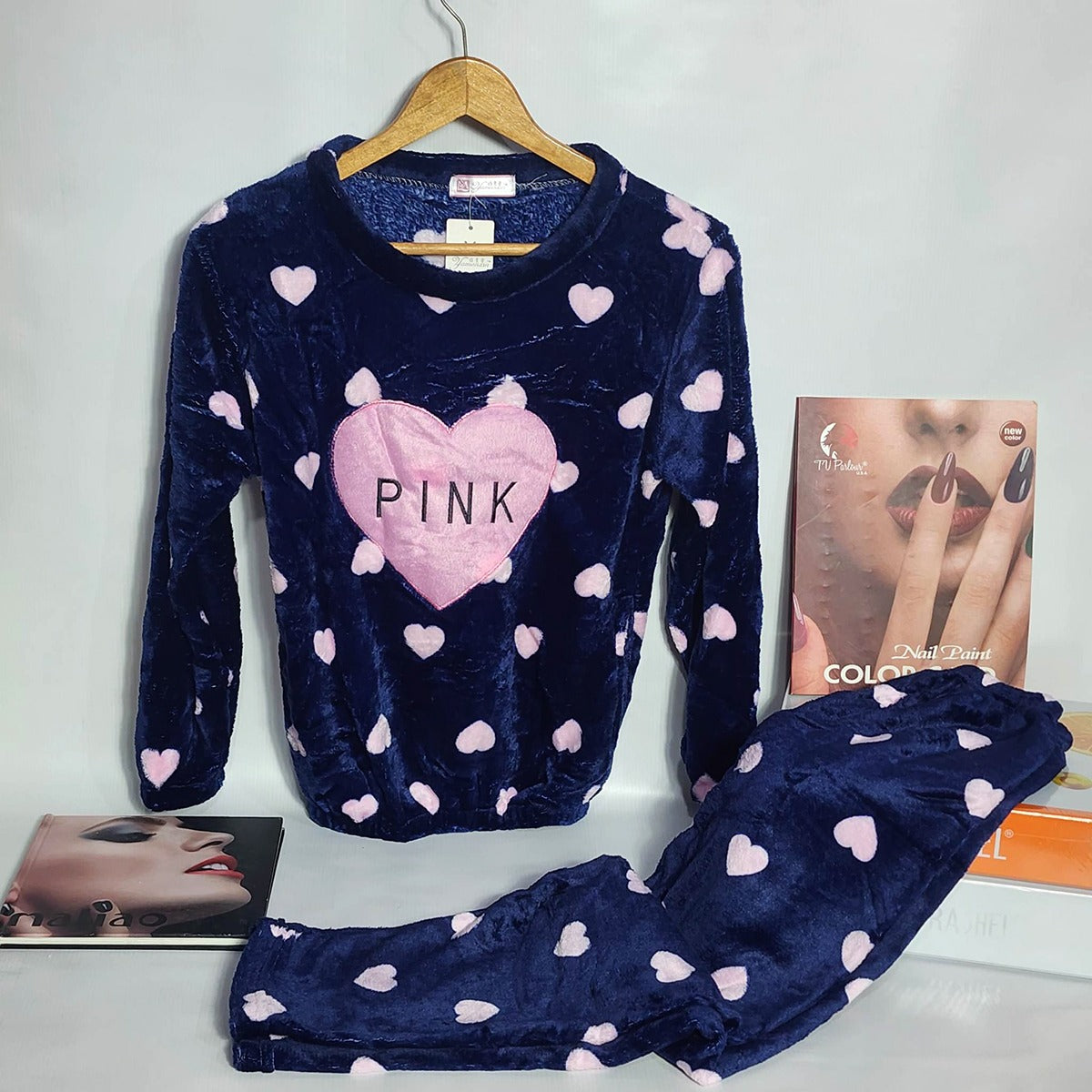 Flourish Velvet Winter Pajama Set – Navy Blue Heart Print “PINK” Edition
