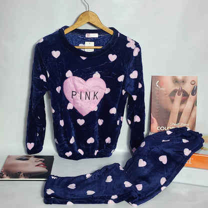 Flourish Velvet Winter Pajama Set – Navy Blue Heart Print “PINK” Edition