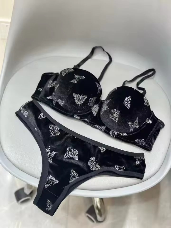 Flourish Velvet Butterfly Print Bra & Panty Set – Soft Padded, Wired, Premium Lingerie for Girls & Women
