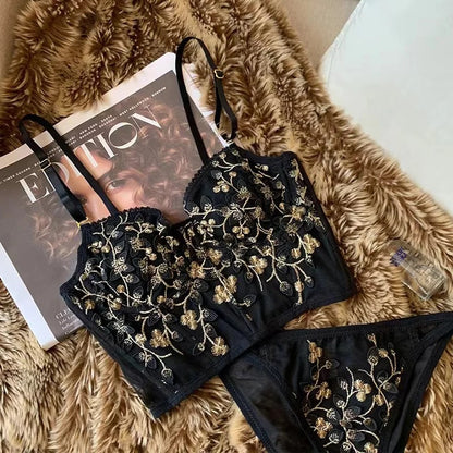 Flourish Lux Embroidered Black Mesh Bralette & Panty Set – Gold Floral Detailing | Elegant Lingerie for Women