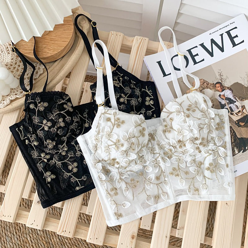 Flourish Lux Embroidered Black Mesh Bralette & Panty Set – Gold Floral Detailing | Elegant Lingerie for Women
