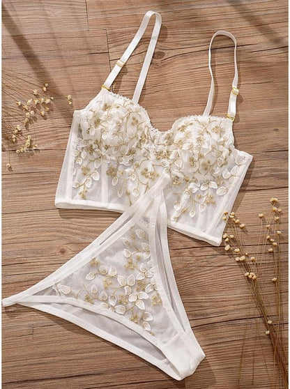 Flourish Lux Embroidered Black Mesh Bralette & Panty Set – Gold Floral Detailing | Elegant Lingerie for Women