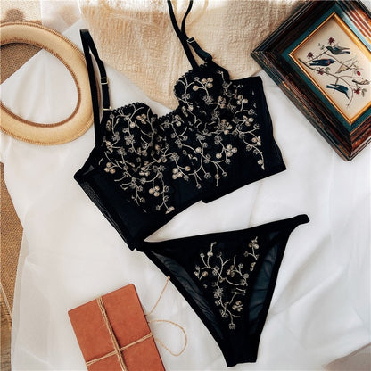 Flourish Lux Embroidered Black Mesh Bralette & Panty Set – Gold Floral Detailing | Elegant Lingerie for Women