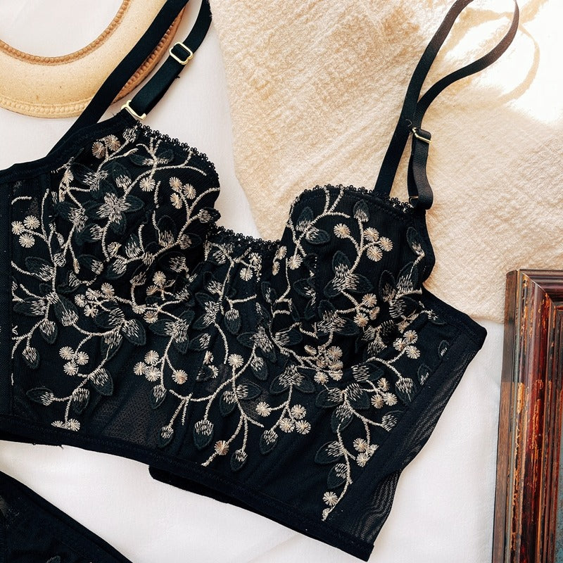 Flourish Lux Embroidered Black Mesh Bralette & Panty Set – Gold Floral Detailing | Elegant Lingerie for Women