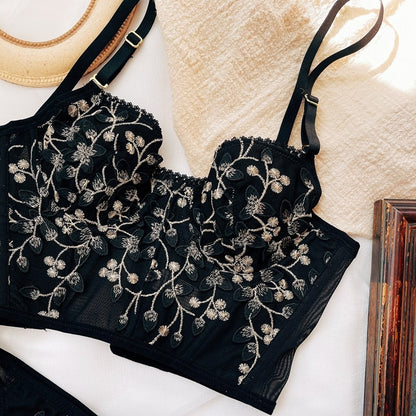 Flourish Lux Embroidered Black Mesh Bralette & Panty Set – Gold Floral Detailing | Elegant Lingerie for Women