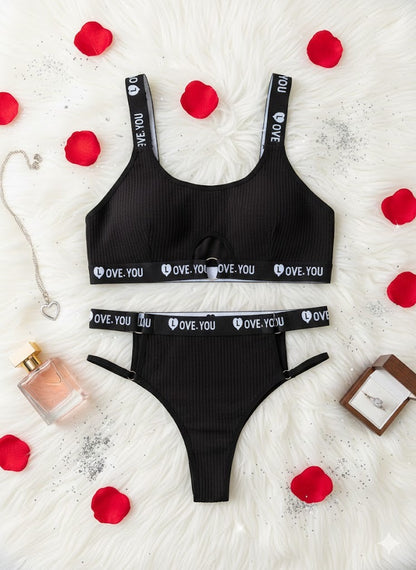 Flourish Love Band Ribbed Non-Padded Bra & Panty Set – Black