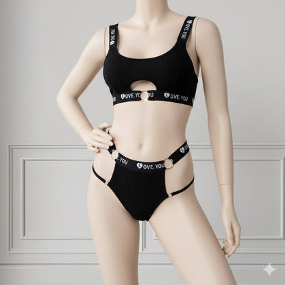 Flourish Love Band Ribbed Non-Padded Bra & Panty Set – Black