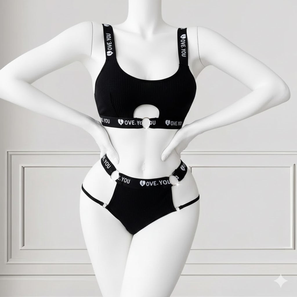 Flourish Love Band Ribbed Non-Padded Bra & Panty Set – Black