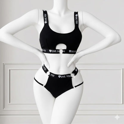 Flourish Love Band Ribbed Non-Padded Bra & Panty Set – Black