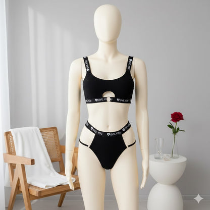 Flourish Love Band Ribbed Non-Padded Bra & Panty Set – Black