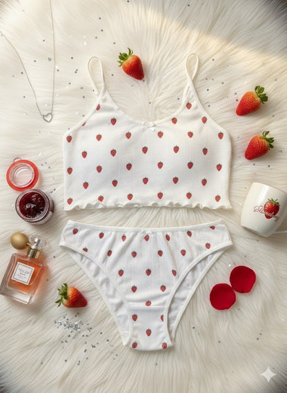 Flourish Strawberry Bliss Ribbed Non-Padded Wire-Free Soft Stretch Bra & Panty Set – White Printed Everyday Comfort Lingerie Y023