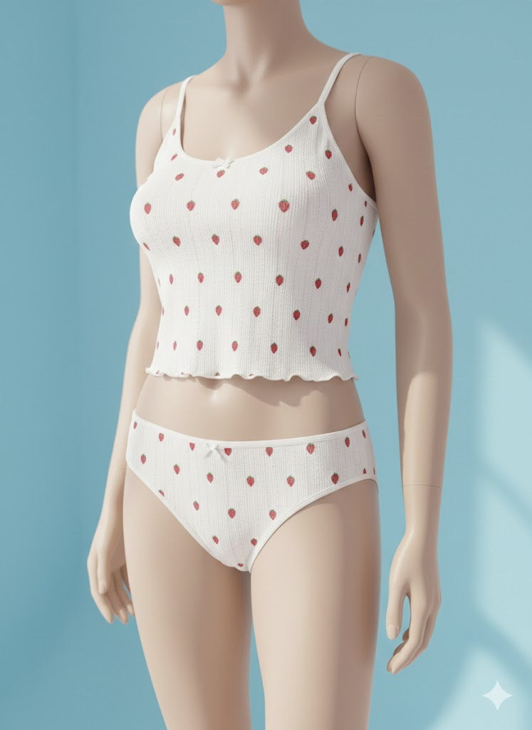 Flourish Strawberry Bliss Ribbed Non-Padded Wire-Free Soft Stretch Bra & Panty Set – White Printed Everyday Comfort Lingerie Y023