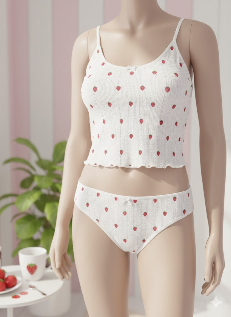 Flourish Strawberry Bliss Ribbed Non-Padded Wire-Free Soft Stretch Bra & Panty Set – White Printed Everyday Comfort Lingerie Y023
